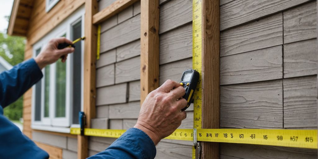 Person measuring house wall with tape measure.