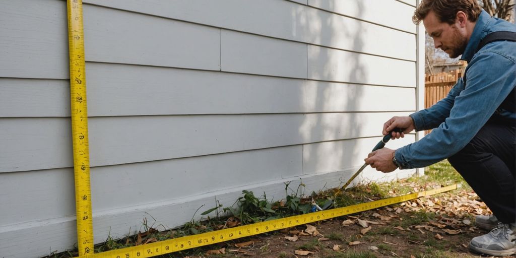 Person measuring house wall with siding tools.