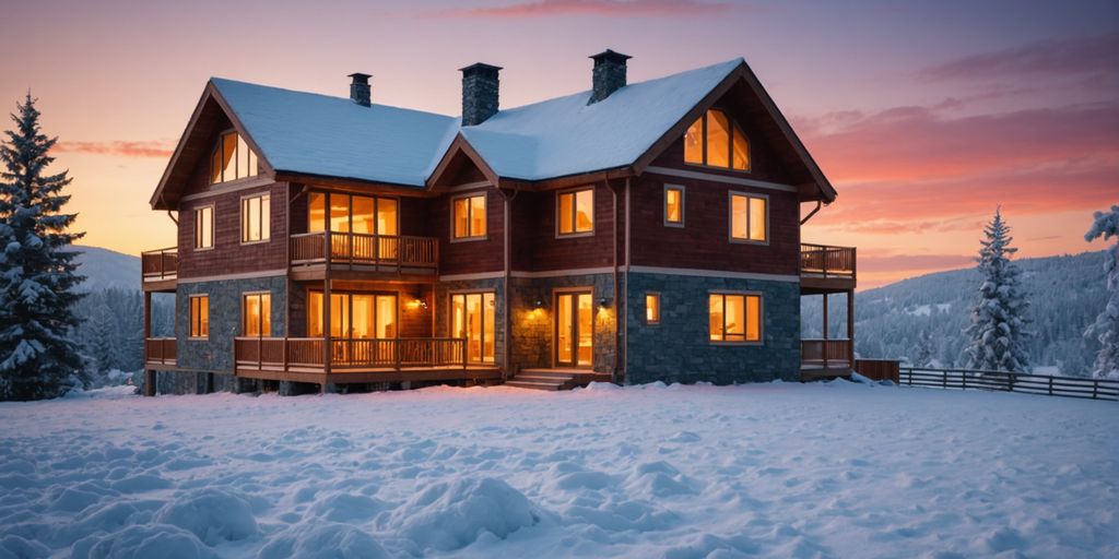 Well-insulated home with thermal imaging in snowy landscape.