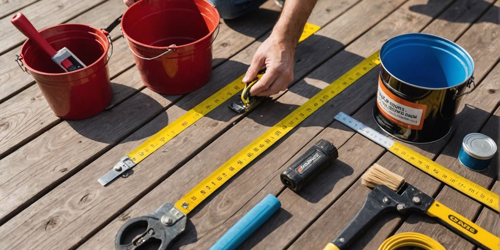 Measuring a wooden deck with tools and stain