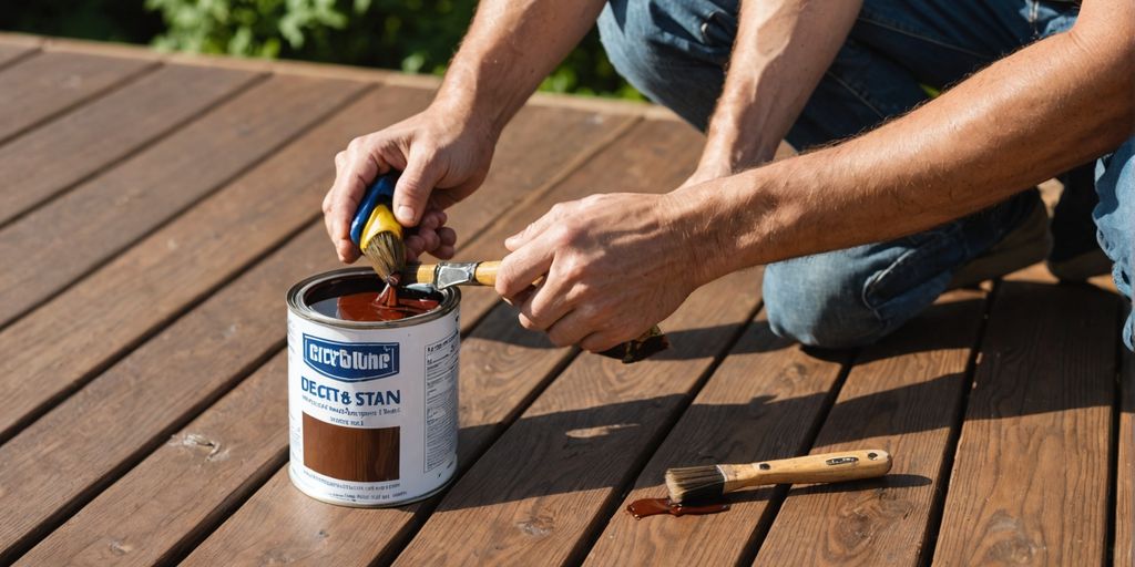 Applying deck stain on a wooden deck.